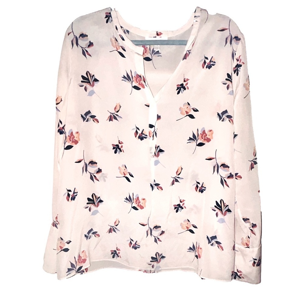 Emerson Rose Silk Top Floral Long Sleeves Size Large Cream Pink Pretty Pullover